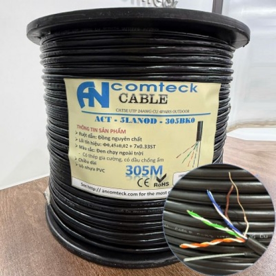Cáp mạng 4 đôi Cat6A FTP 2Cx0.5mm2, Vỏ PE,305m/cuộn, màu đen, Hiệu Ancomteck- (ACT-6ALAN2C-305BK)